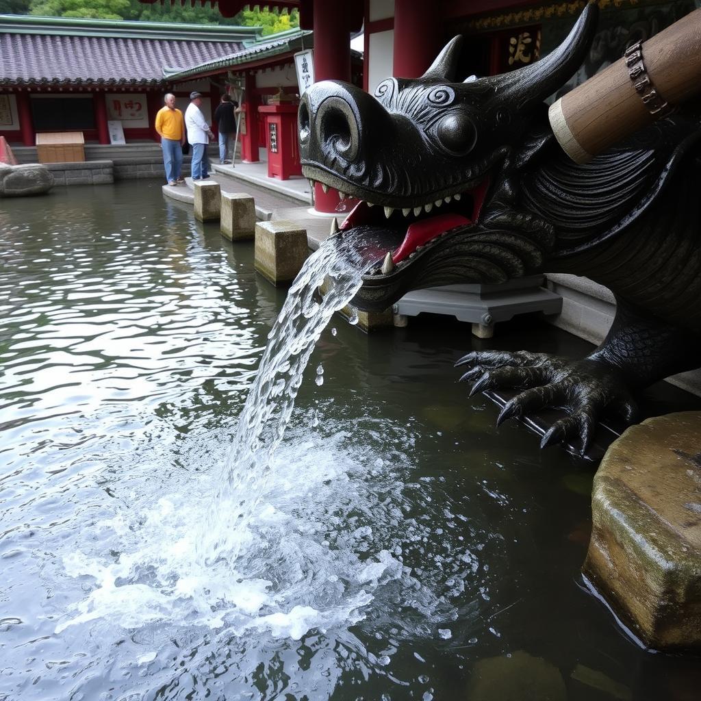 Nước thần Wakimizuya chảy ra từ miệng rồng tại Đền Kuzuryu Jinja Hon-gu, được tin là mang lại may mắn và tình duyên.